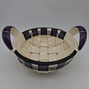 Rina Peleg Signed Pottery Basket Bowl-Hand Decorated Riveted Design 11 3/8"